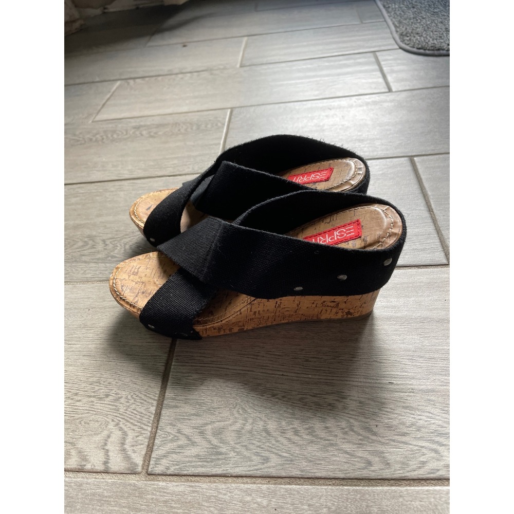 Vtg Esprit Womens Black Canvas Criss Cross Cork Wedge Platform Slide Sandals 8
